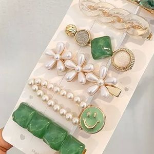 Set of 5 Gold, White & Teal Hair Clips